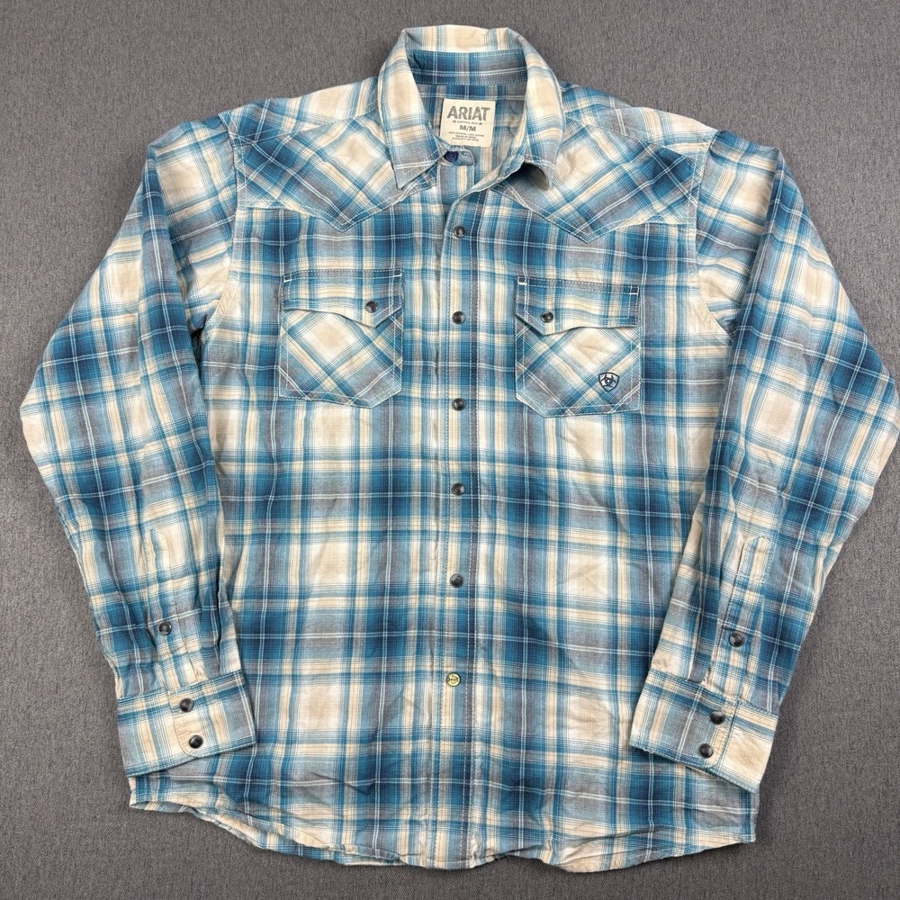 ARIAT Pearl Snap Flannel Shirt Mens Medium Blue Plaid Retro Fit Long Sleeve